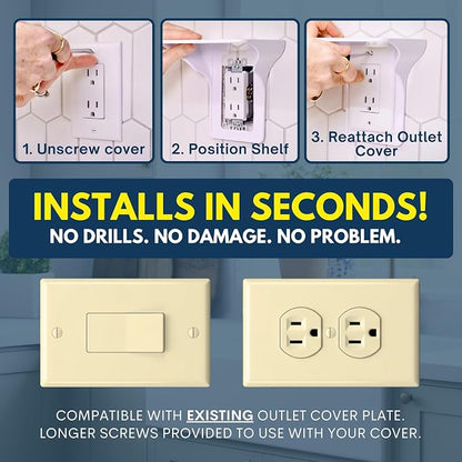 Power Perch Horizontal Outlet Shelf Organizer for Alexa Echo Dot Speakers, Phone - Wall Outlet Holder with Cord Storage Strap - Socket Shelf Bathroom Kitchen Counter Charging Station - Almond 2 Pack