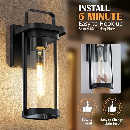 2-Pack Outdoor Wall Lights, Porch Lights, Waterproof Outdoor Wall Sconce Lanterns, Exterior Lighting Fixtures Matte Black with Clear Glass Shade for House Patio Garage Doorway Entryway