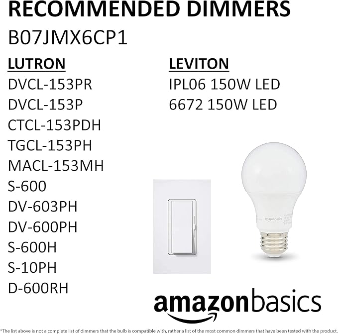 Amazon Basics A19 LED Light Bulbs, 60W Equivalent, 9W Energy Efficient, E26 Standard Base, Daylight White 5000K, Dimmable, 10,000 Hour Lifetime, 6-Pack