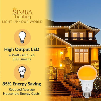 Simba Lighting Bug Non-Attracting Yellow LED Bulb 6W 40W Equivalent, Great for Outdoor Porch Light, Night Light, Dusk-to-Dawn Smart Sensor Auto On/Off, Amber Warm Light, A19 E26 Medium Base, Pack of 2