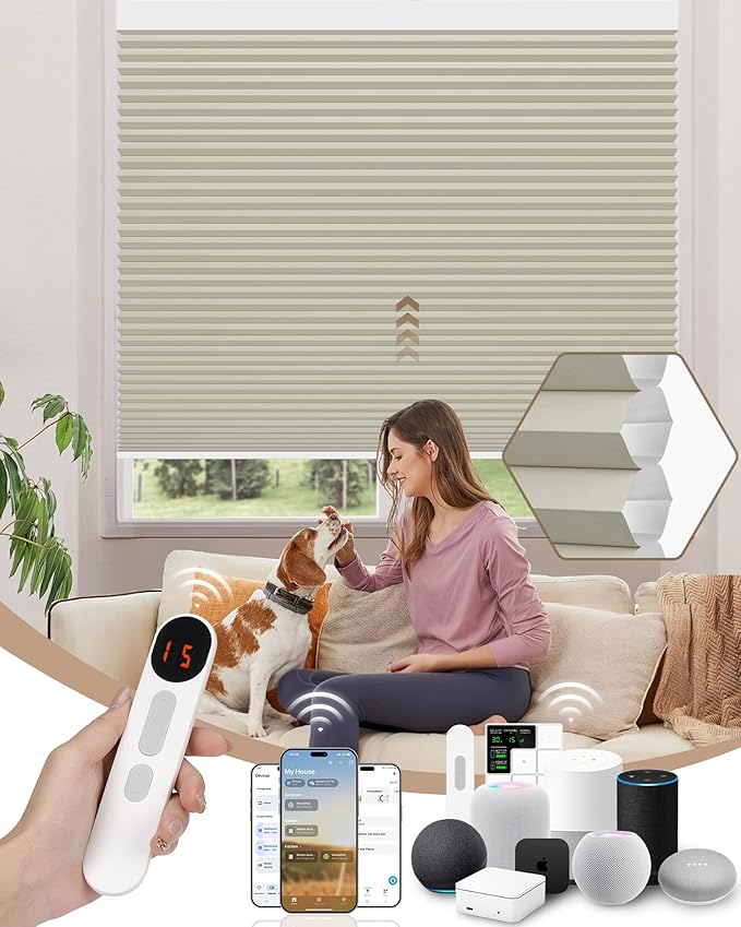 Kincmo Motorized Cellular Shades, Custom Motorized Blinds with Remote, Cordless Smart Electric Honeycomb Blinds Work with Apple HomeKit, Alexa, Google (100%-Blackout-Single-Cell Beige)