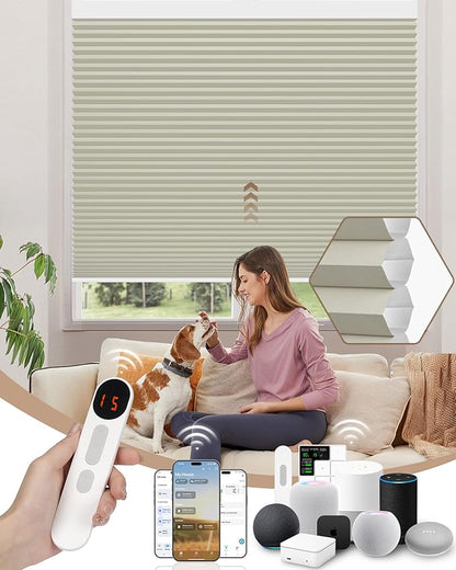 Kincmo Motorized Cellular Shades, Custom Motorized Blinds with Remote, Cordless Smart Electric Honeycomb Blinds Work with Apple HomeKit, Alexa, Google (100%-Blackout-Single-Cell Beige)