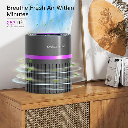 MEGAWISE H13 HEPA Air Purifier for Bedroom, Office & Small Rooms, 3-Stage Filtration with 360° Air Intake, 24dB Quiet Sleep Mode, Activated Carbon Filter for Smoke, Dust, Pet Dander & Odor, Ozone Free