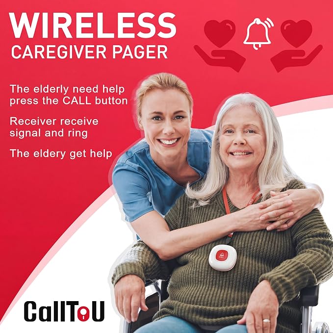 CallToU Wireless Caregiver Pager Call Button for Elderly at Home Nurse Alert System 500+ Feet for Seniors/Elderly/Patient/Disabled 2 Plugin Receivers 1 Waterproof SOS Button