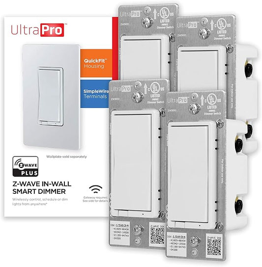 UltraPro Z-Wave Smart Light Dimmer with QuickFit & SimpleWire, 3-Way Ready, Works with Alexa, Google Assistant, ZWave Hub Required, Repeater/Range Extender, White Paddle, 4-Pack, Smart Switch, 54898