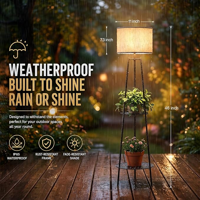 MXwcy 2Pack Solar Outdoor Floor Lamps with Plant Shelves, Waterproof Solar Standing Lamps for Patio Porch Garden Yard, Auto On/Off Warm LED Outdoor Floor Lights, Cordless 2-Tier Plant Stand Decor
