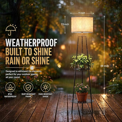 MXwcy 2Pack Solar Outdoor Floor Lamps with Plant Shelves, Waterproof Solar Standing Lamps for Patio Porch Garden Yard, Auto On/Off Warm LED Outdoor Floor Lights, Cordless 2-Tier Plant Stand Decor