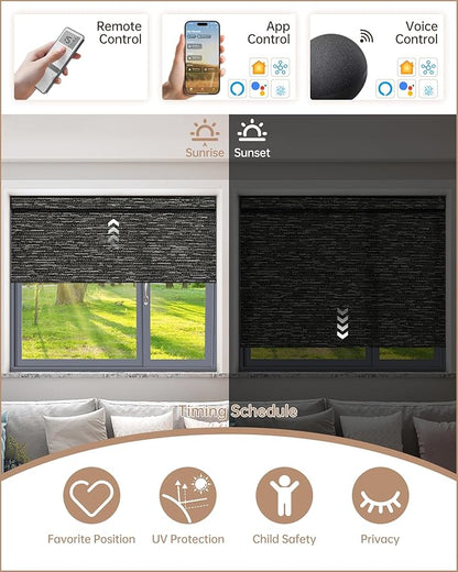 Kincmo Motorized Blinds with Remote, Light Filtering Roller Shades Work with Apple Homekit,Alexa,Google Home, Custom Electric Blinds with App,Voice Control (75% Blackout Aqua Waves Striped Brown)
