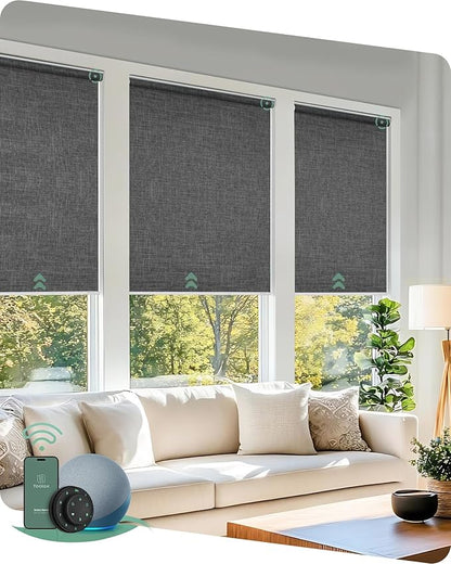 Yoolax Motorized Blinds with Remote, 100% Blackout Smart Roller Shades Work with Alexa, Google, Apple Homekit, Custom Automatic Shades with Voice Control for Bedroom Office (Fabric Dark Gray)