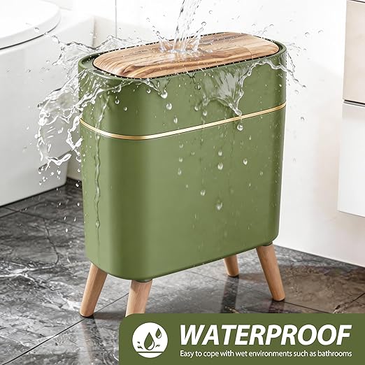 suyika Automatic Trash Can, 2.6 Gallon/10L Bathroom Trash Can with Lid - Wood Grain Lid and Legs, Touchless Waterproof Garbage Bin for Bedroom, Bathroom, Office, Living Room