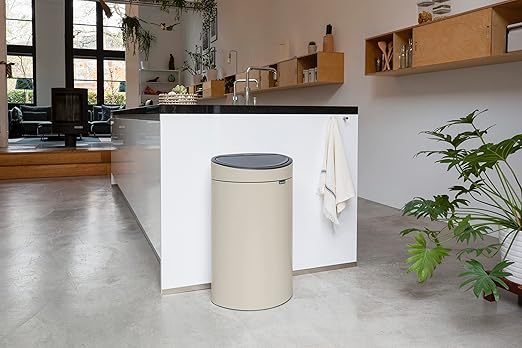 Brabantia Press-Top Kitchen Trash Can with Flat Back | Soft Beige | 10.6 Gallon / 40L | Home Trash Can with Soft-Touch Stay-Open Lid & Removable Inner Bucket | Fits Flat Against Walls | + Trash Bags