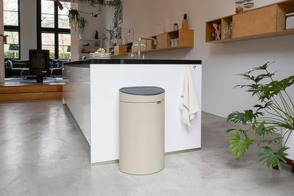 Brabantia Press-Top Kitchen Trash Can with Flat Back | Soft Beige | 10.6 Gallon / 40L | Home Trash Can with Soft-Touch Stay-Open Lid & Removable Inner Bucket | Fits Flat Against Walls | + Trash Bags