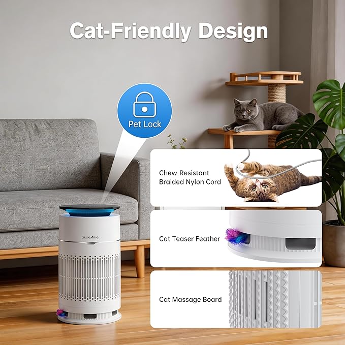 Cat Air Purifiers with HEPA Filter, Desktop Air Purifier with Replaceable Pre-Filter and Cat Teaser, 360° Air Intake Filters Pet Hair Dander Odors