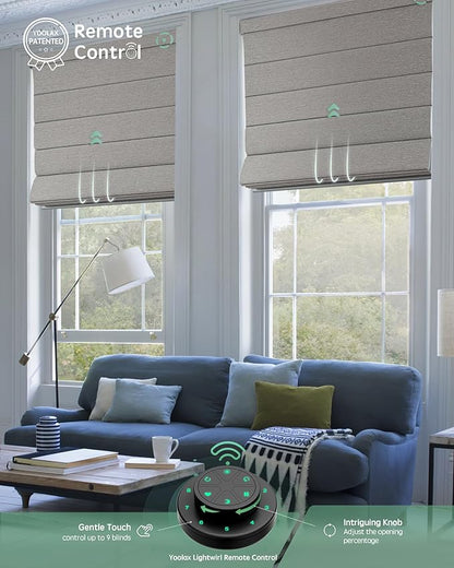 Yoolax Motorized Roman Shades with Remote, Smart Roman Shades for Indoor Windows, Blackout Automatic Blinds Work with Alexa, Google, Apple Homekit for Living Room Bedroom, Customized (Wood Stripe)