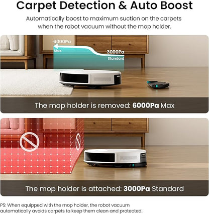 Lefant M350 Robot Vacuum and Mop Combo, 75-Day Self-Emptying, 190° PSD Obstacle Avoidance,6000Pa Suction，Quiet,Smart Navigation,Self-Charging, for Hard Floor, Carpet, Pet Hair,150 Min Runtime.White