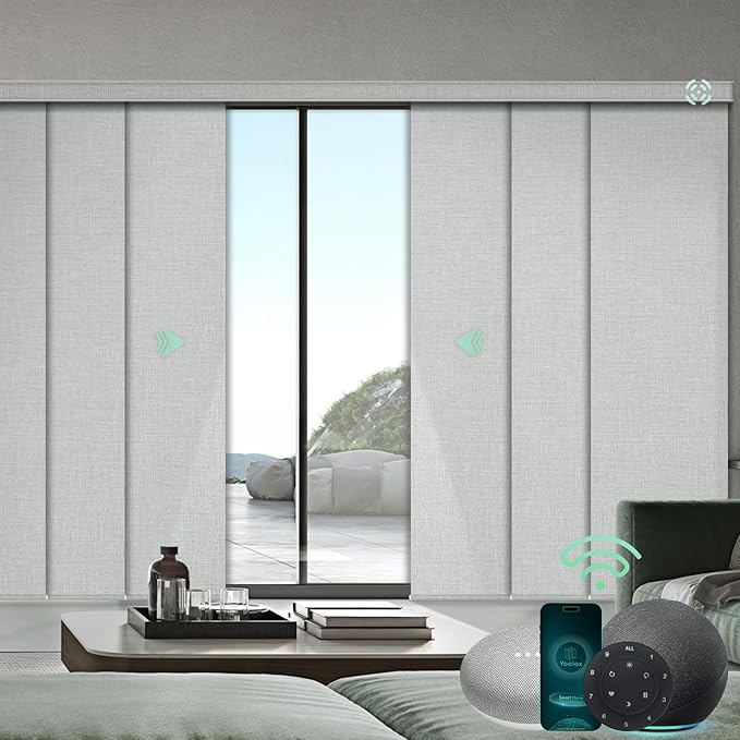 Yoolax Custom XL Smart Sliding Door Blinds, Motorized Sliding Panel Blinds Compatible with Alexa, Fabric Blackout Vertical Rechargeable Battery Shades for Glass Doors(Foggy White)