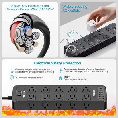 20AC Power Strip with USB Ports, Heavy Duty Surge Protector Power Strip 15 Amp, 6Ft Extension Cord with Multiple Outlets (Black, 6.5FT)