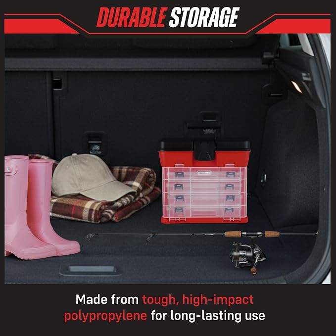 Small Parts Organizer Box - 11-Inch Portable Storage Case with 4 Removable Multi-Compartment Trays for Screws, Beads, Small Fishing Tackle, Hardware, and Craft Supplies by Stalwart (Red)