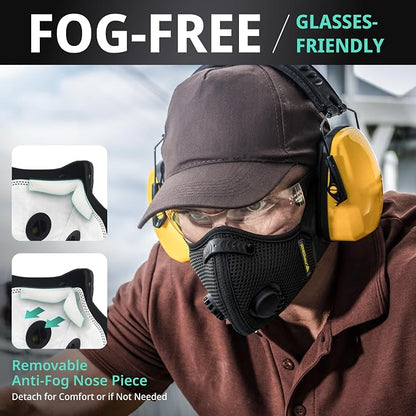 FIGHTECH Dust Mask 2 Sizes - Large, Woodworking Reusable Carbon Filter Mask | Reusable Face Mask with Air Valves for Construction and Moving Single Black Mask Helps Reduce Dust During Work