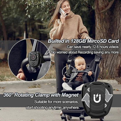 Mini Body Camera Video Recorder Built-in 128GB Card with Night Vision IR & Loop Record HD 1080P, 6 HR Battery Life Police Cam for Outdoor, Law Enforcement, Security Guard (128G With Magnetic Lanyard)