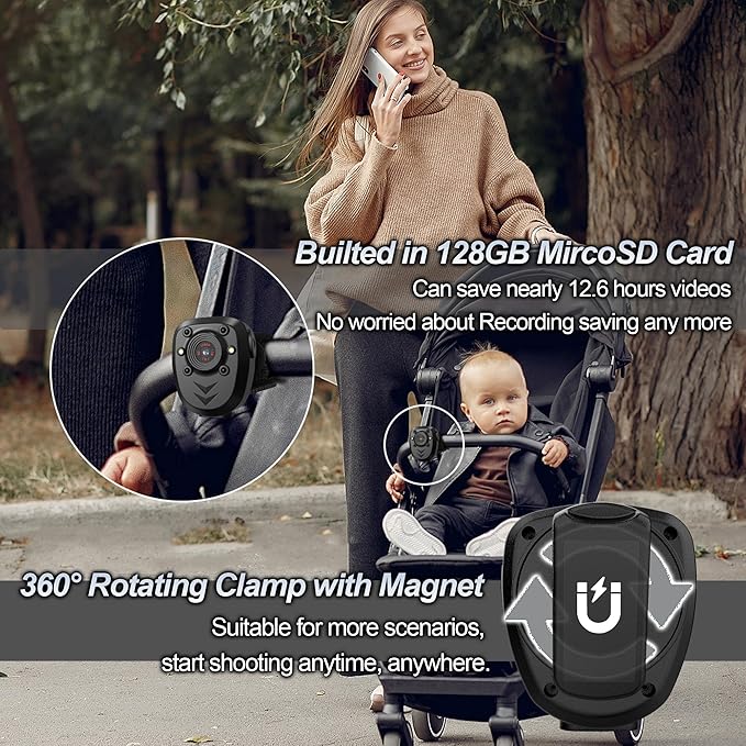 Mini Body Camera Video Recorder Built-in 128GB Memory Card with Night Vision IR & Loop Record HD 1080P, 4-6 HR Battery Life Wearable Police Cam for Home, Outdoor, Law Enforcement, Security Guard