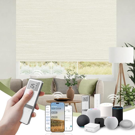 FineTell Motorized Blinds with Remote, 100% Blackout Roller Shades Compatible with Alexa,Apple Homekit,Google Home APP and Voice Control, Customized Electric Blinds (100% Blackout Dreamy Warm)