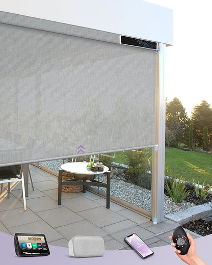 Graywind Motorized Outdoor Shades for Patio, Work with Alexa & Google, Solar Powered Electric Roller Shades for Outside, Custom Size (3% Openness, AegisLite Mist)