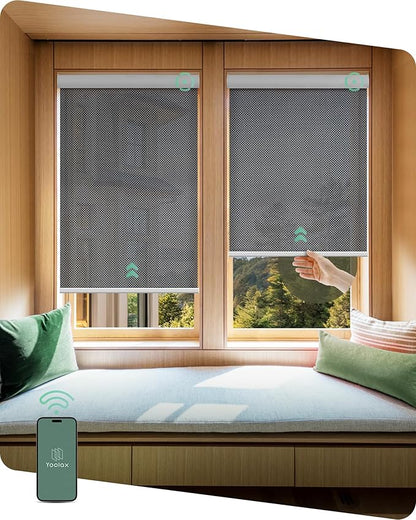 Yoolax Motorized Shades Dual Control, MotionFlex Motorized Solar Shades with App & Manual Control, Fireproof Waterproof Automatic Blinds for Indoor Windows, Custom Size (3% Openness Greyish Black)