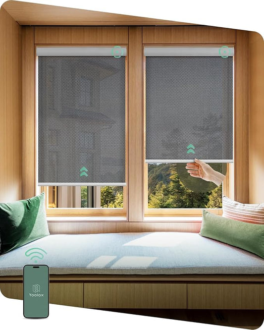 Yoolax Motorized Shades Dual Control, MotionFlex Motorized Solar Shades with App & Manual Control, Fireproof Waterproof Automatic Blinds for Indoor Windows, Custom Size (3% Openness Greyish Black)