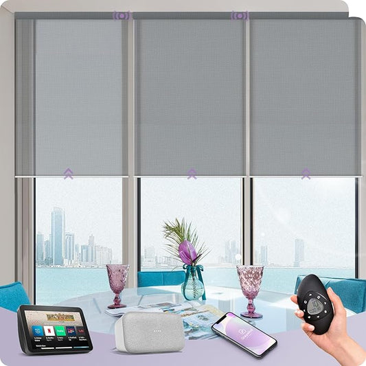 Graywind Motorized Solar Shades Light Filtering Mesh Shade Compatible with Alexa Google Remote Control Window Blinds with Valance for Smart Home Office Business, Custom Size (3% Openness Silver)