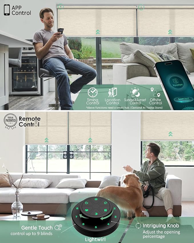 Yoolax Motorized Blinds with Remote, Light Filtering Smart Roller Shades Work with Alexa, Google, Apple Homekit, Custom Automatic Shades with Voice Control for Living Room (Jacquard Coffee)