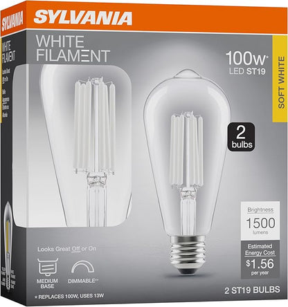 Sylvania ST19 Clear LED White Filament Bulb, 13W, Dimmable, 1500 LMS, Medium Base, 2700K, Soft White - 2 Pack (42252)