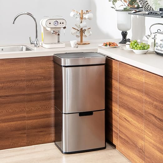 Goplus 19 Gal Motion Sensor Trash Can, 72 L Volume in 4 Containers, Touchless Trash Bin w/Kitchen Waste Bin & 2 Bottom Recycling Bins, Stainless Steel Garbage Can w/Soft Close Lid, Battery Operated