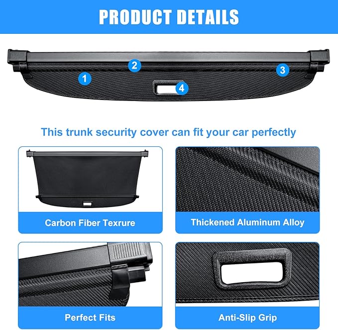 AUXKO Retractable Cargo Cover for Lincoln MKX 2018-2016, Trunk Cargo Cover Luggage Security Shade Cover for Lincoln Nautilus 2023-2019 Shielding Shade Anti-Peeping Luggage Privacy Screen, Carbon Fiber