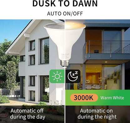 Qualilux PAR38 Dusk to Dawn LED Flood Light Bulbs, Warm White 3000K, 150W Equivalent 17W, 1600LM, Auto On/Off Light Sensing Outdoor Light Bulb, 2 Pack, Non-Dimmable, HQ-H034