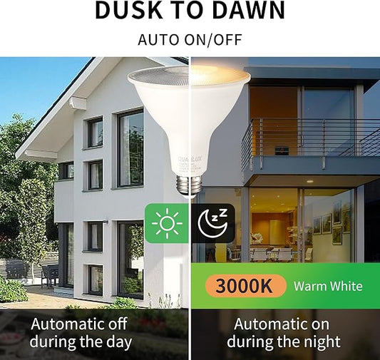 Qualilux PAR38 Dusk to Dawn LED Flood Light Bulbs, Warm White 3000K, 150W Equivalent 17W, 1600LM, Auto On/Off Light Sensing Outdoor Light Bulb, 2 Pack, Non-Dimmable, HQ-H034