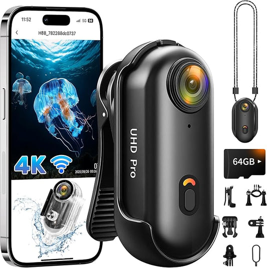 Action Camera 4K (64GB),2026 Ready Upgraded POV Camera WiFi,Thumb Snap Cam with Waterproof Case,Wearable Sports Snapcam,Mini Body Camera for Horse Riding Motorcycle Skiing Snowboarding Vlogging