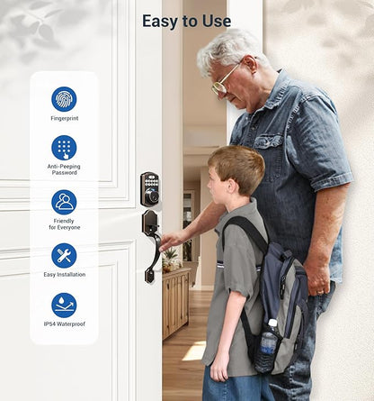 Veise Fingerprint Door Lock Set, Keyless Entry Door Lock, Front Handle Set, Electronic Keypad Deadbolt with Lever Handle, 2 Keys, Auto-Locking, One-time Codes, Easy to Install, Oil Rubbed Bronze