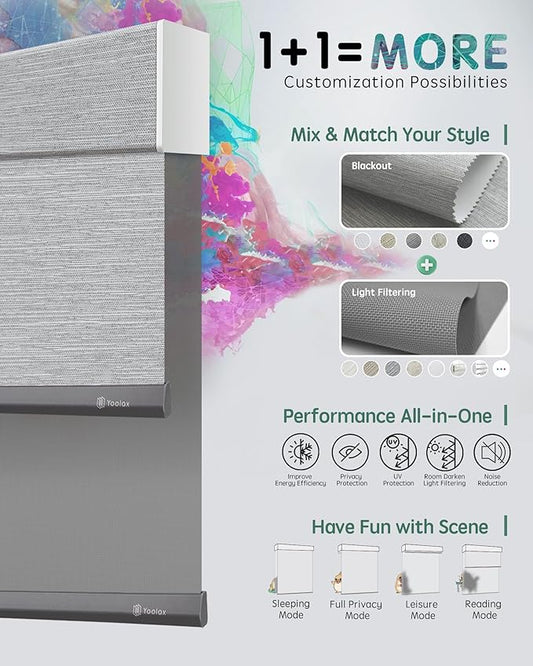 Yoolax Smart Dual Roller Shades, Motorized Blinds with Remote Smart Blinds Compatible with Alexa, Automatic Dual Shades for Windows Bedroom Living Room (Foggy Grey & 5% Openness Grey)