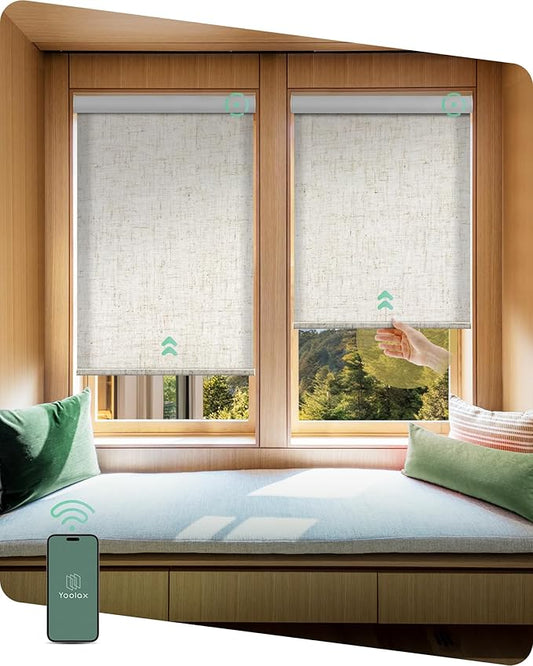 Yoolax Motorized Shades Dual Control, MotionFlex Motorized Roller Shades with App & Manual Control, Pull Down Automatic Shades for Indoor Windows, Custom Size(Light Filtering Linen Beige)
