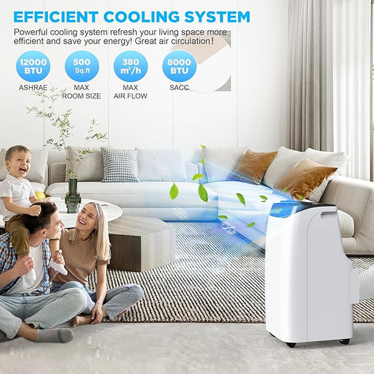 12000 BTU Portable Air Conditioners with Remote Control, 3-in-1 Free Standing Cooling AC Unit with Fan & Dehumidifier, Cools Room up to 500 sq.ft, Smart/Sleep Mode,3 Speed,24H Timer,Window Kit