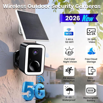 aidowocam Solar Power Outdoor Cameras Wireless Security Camera with Color Night Vision, WiFi 5G & 2.4G (2 Pack/Solar Panel)