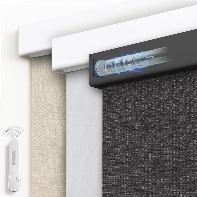 Motorized Blinds with Remote, Blackout Rechargeable Automatic Roller Shades, Cordless Smart Blinds Compatible with Alexa, Custom Blind for Indoor Windows, Moon River Black