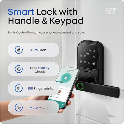 Smart Door Handle Lock, Heittis Fingerprint Smart Lock with Touchscreen Keypad - Keyless Biometric Deadbolt Door Knob for Front Door, Bedroom, Interior or Exterior Use (Black, App Control)