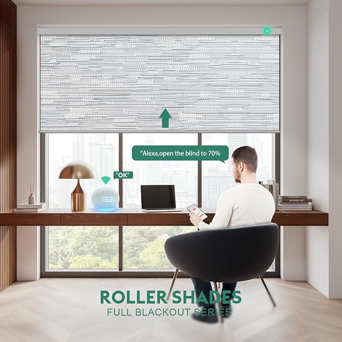 Motorized Blinds with Remote [100% Blackout & Silent Motor] Smart Blinds Compatible with Alexa Google HomeKit, Electric Roller Shades for Indoor Windows, Customized Size, Lace Grey
