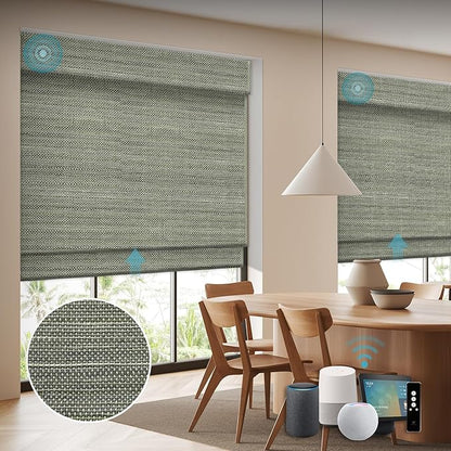 SmartWings Motorized Wood Blinds Smart Wooven Shades Blackout/Light fitlering for Windows, with Remote for Bedroom Living Room, Work with Matter Zigbee Alexa Z-Wave Google Home, Customized, Kenaf 220