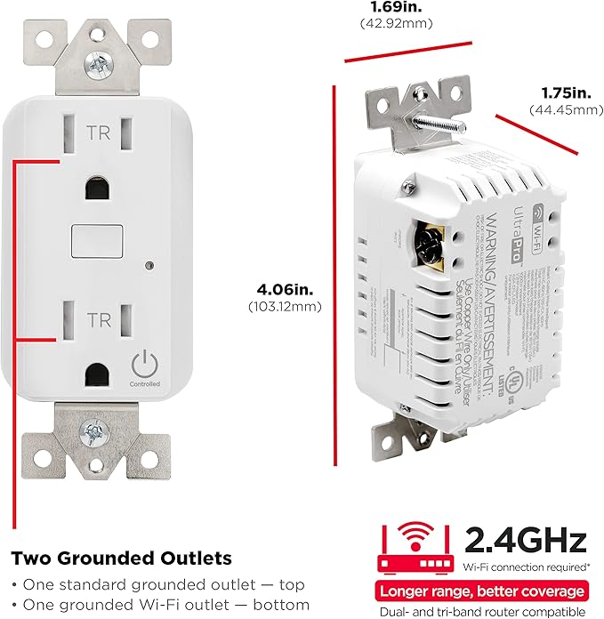 UltraPro In-Wall Smart Outlet, Receptacle, 2.4 GHz Wi-Fi, No Hub Required, Works with Alexa & Google Assistant, Tamper-Resistant, 1 Wi-Fi & 1 Always On Outlet, Simple Setup, Easy-To-Use-App, 51400