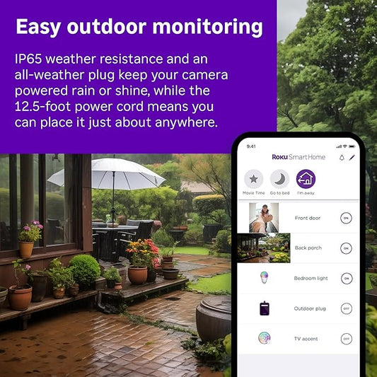 Roku Outdoor Camera - Home Security - IP65 Weather Resistant Wired Security Camera & Pet Monitor with 1080p HD Night Vision, Compatible with Alexa & Google, WDR, Motion & Sound Detection (Renewed)