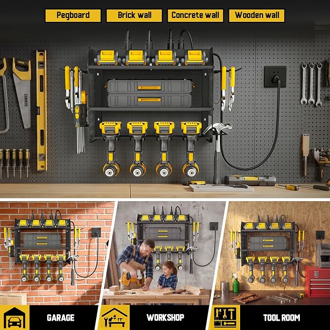 SPACECARE Power Tool Organizer with Charging Station 6 Outlets, 3-Layer Heavy Duty Wall Mount Drill Storage Rack, Cordless Tool with Utility Shelf, Garage Organization and Storage for Workshop- Black