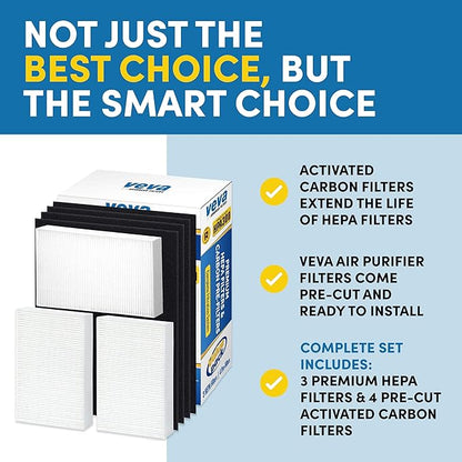 VEVA HPA300 HEPA Filter Replacement Compatible with Honeywell Air Purifier - 3 Pack of HEPA Filters w/ 4 Precut Activated Carbon Pre-Filters & Replacement Filter R